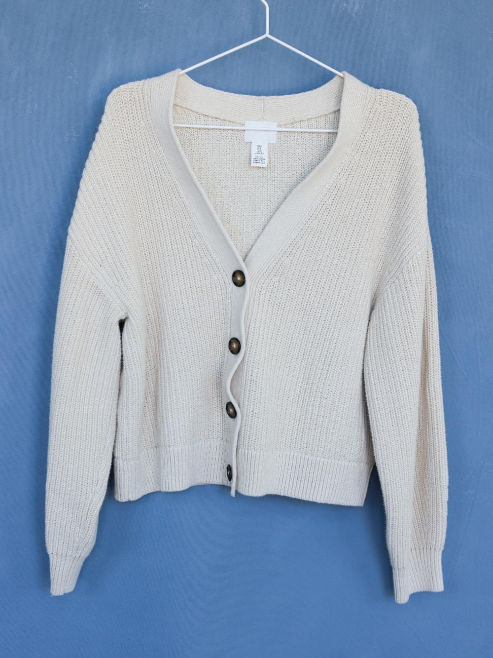 H&M Chunky Boxy Cream Knit Cardigan with Brown Buttons, Womens Medium